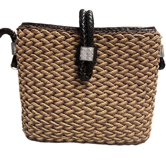 Vintage Brighton Crossbody Tan Cream Jute Brown Woven Leather Crossbody Strap - Picture 2 of 8
